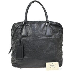 PRADA MILANO Logo Business Shoulder Hand Tote Bag Leather Black Sliver 76KP343